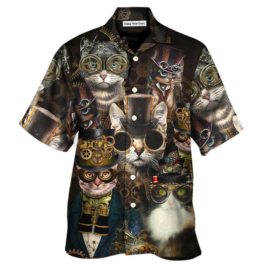 Steampunk Cat Machines Hawaiian Shirt Artwork View For Coastal Escapes And Resort Style