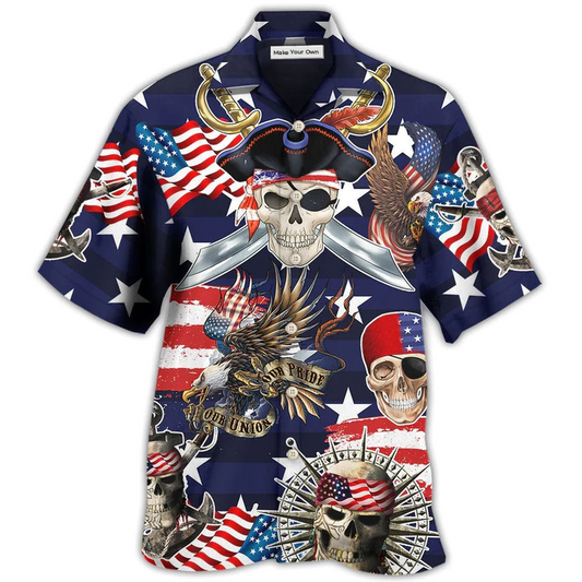 Nautical Pirate Skeleton American Independence Day Hawaiian Shirt Design View For Casual Summer Styling