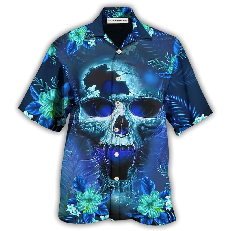 Summer Blue Skull Hawaiian Shirt For Tropical Getaways Outdoor Fun And Everyday Wear