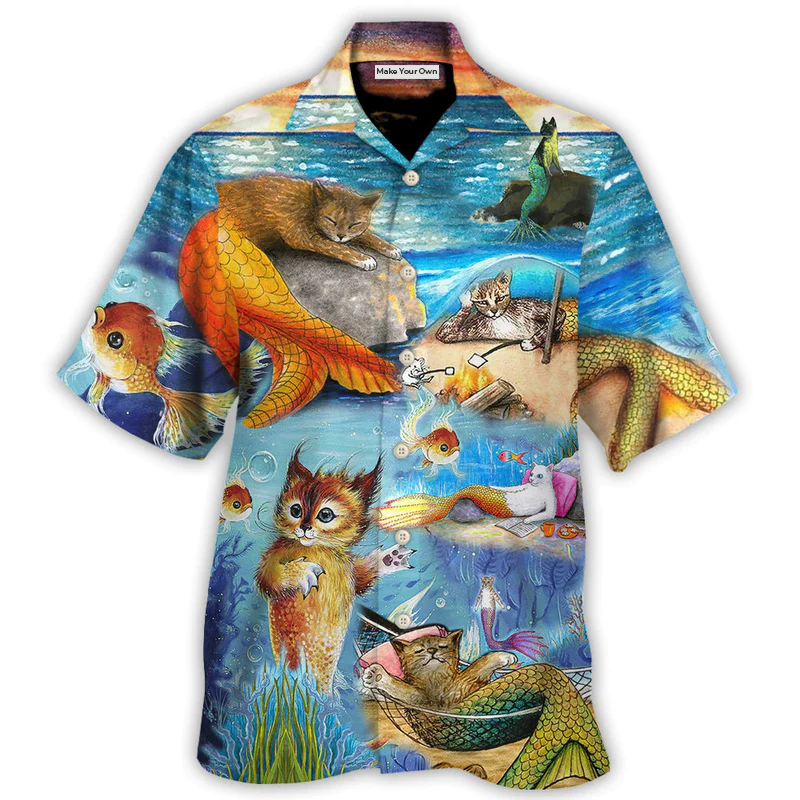 Cat Mermaid Sleeping Hawaiian Shirt For Tropical Holidays, Resort Trips, And Comfortable Summer Outings