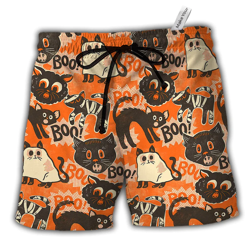 Halloween Spooktacular Scaredy Cat Hawaiian Beach Shorts For Striking Resort Looks