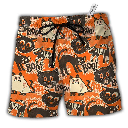 Halloween Spooktacular Scaredy Cat Hawaiian Beach Shorts For Striking Resort Looks