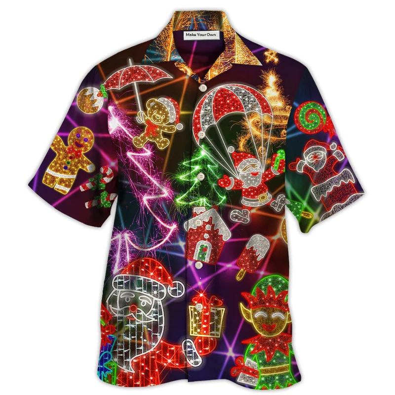 Funny Neon Christmas Tree Elf Gingerbread Light Hawaiian Shirt Pattern Detail For Vacation Travel And Daily Wear