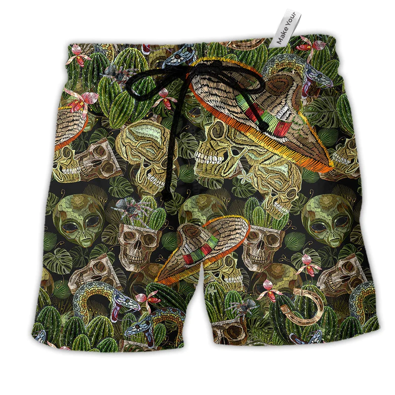 Skull Love Green Cactus Style Hawaiian Print Beach Shorts For Beach Days And Resort Travel