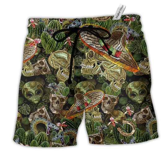 Skull Love Green Cactus Style Hawaiian Print Beach Shorts For Beach Days And Resort Travel