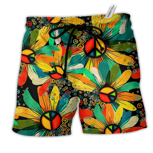 Hippie Peace Flowers Style Hawaiian Print Beach Shorts For Sunny Holidays And Outdoor Wear