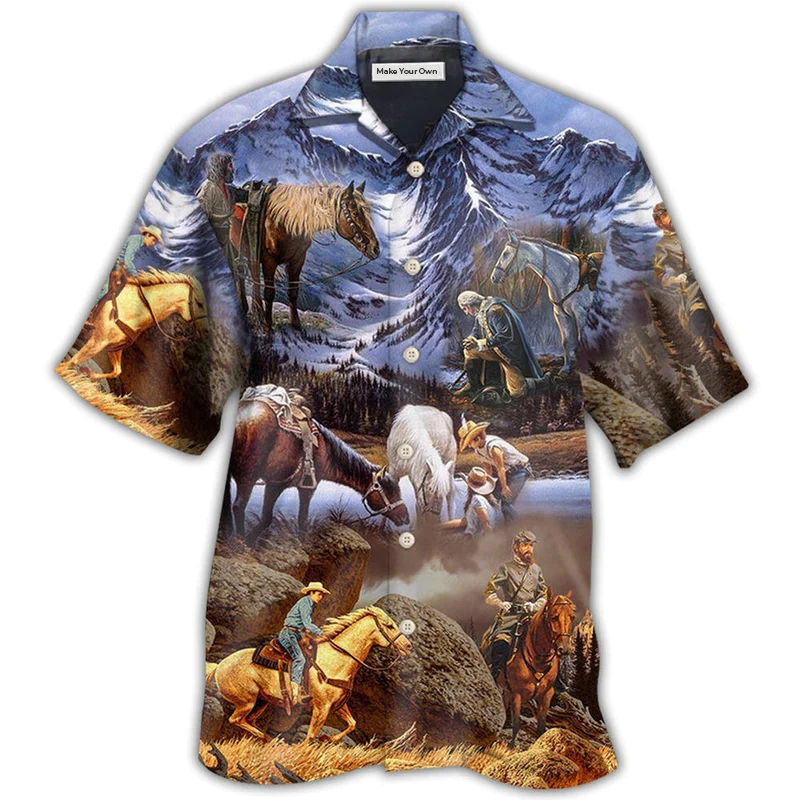 Cowboy Snow Mountain Sunset Hawaiian Shirt Design Detail For Beach Days And Holiday Travel