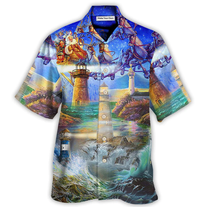 Lighthouse Christmas Shine Light Storm Darkness Hawaiian Shirt Pattern View For Lightweight Everyday Style
