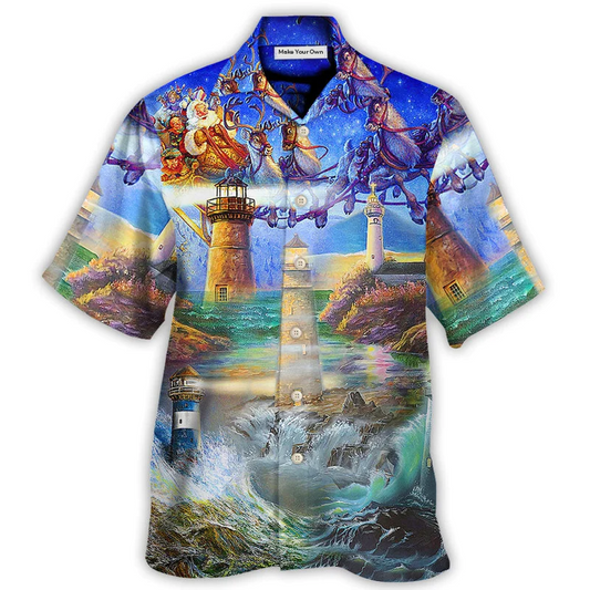 Lighthouse Christmas Shine Light Storm Darkness Hawaiian Shirt Pattern View For Lightweight Everyday Style