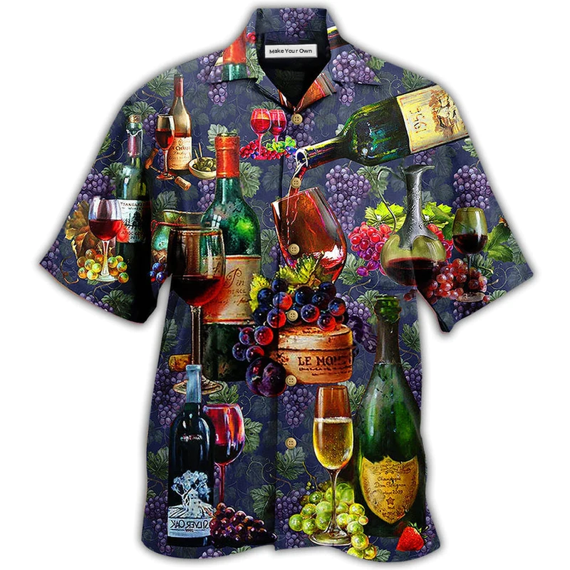 Wine Glass Grape Hawaiian Shirt Pattern View For Lightweight Everyday Style