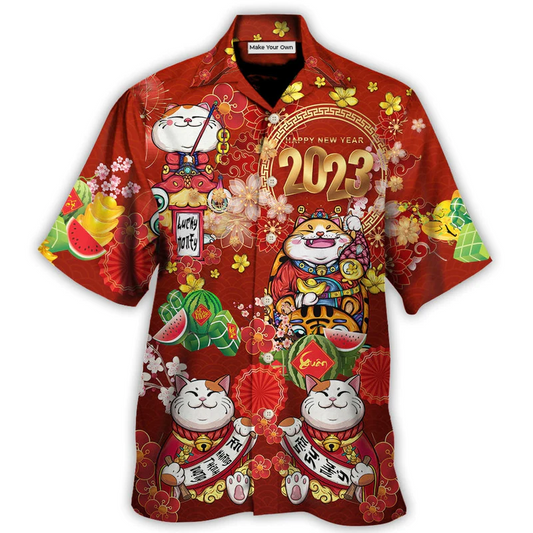 Lunar New Year Cat Hawaiian Shirt Front Pattern View For Thoughtful Gifting