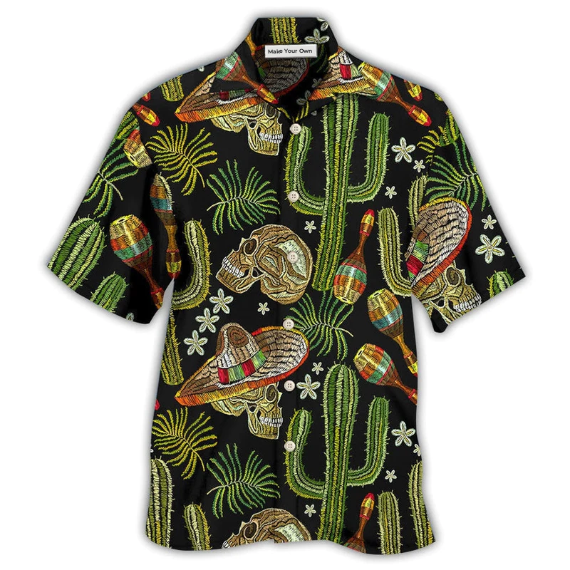 Black Skull And Mexican American Heritage Hawaiian Shirt For Tropical Escapes Resort Wear And Outdoor Celebrations