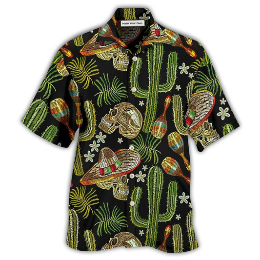 Black Skull And Mexican American Heritage Hawaiian Shirt For Tropical Escapes Resort Wear And Outdoor Celebrations