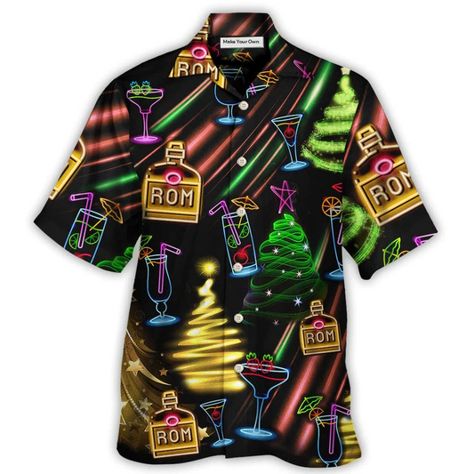 Neon Wine Rum Christmas Drinking Hawaiian Shirt Artwork Detail For Tropical Trips And Casual Outings