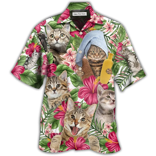 Funny Tropical Floral Cat Tabby Hawaiian Shirt Artwork Detail For Tropical Trips And Casual Outings
