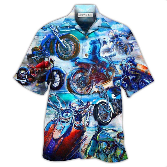 Blue Motorcycle Ride Beach Hawaiian Shirt Artwork View For Weekend Travel And Beach Style
