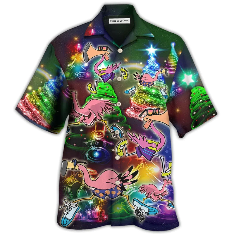 Festive Flamingo Running Christmas Hawaiian Shirt For Beach Parties And Weekend Getaways