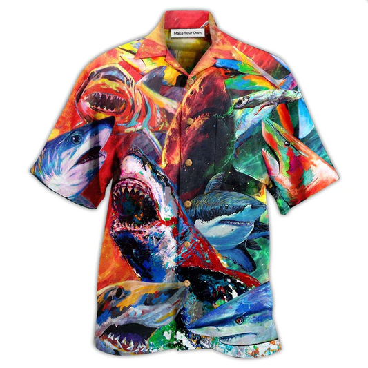 Colorful Shark Wanna Fun Hawaiian Shirt Design Detail For Beach Days And Holiday Travel