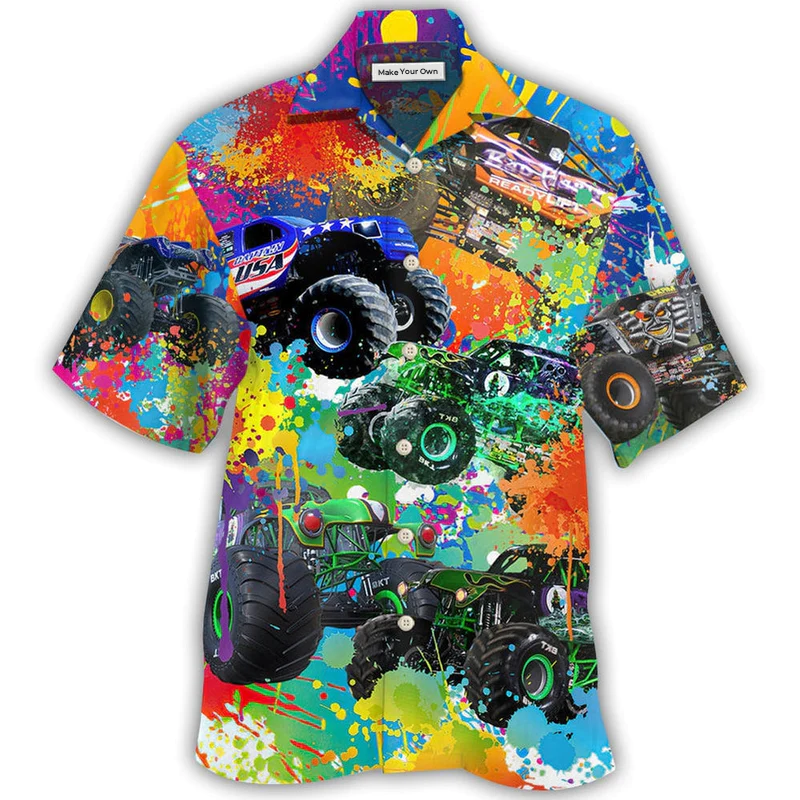 Colorful Watercolor Truck Monster Hawaiian Shirt Artwork View For Coastal Escapes And Resort Style