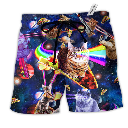 Cat Ride Food In Space Funny Hawaiian Print Beach Shorts For Food And Drink Fans