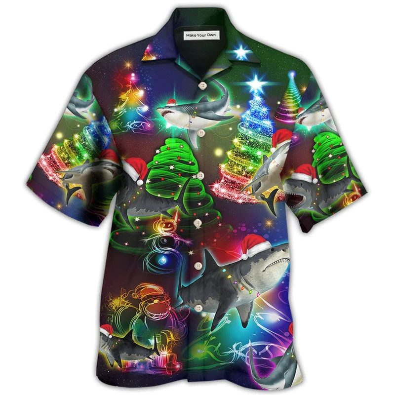 Shark Christmas Tree Hawaiian Shirt For Coastal Adventures And Warm Weather Wear