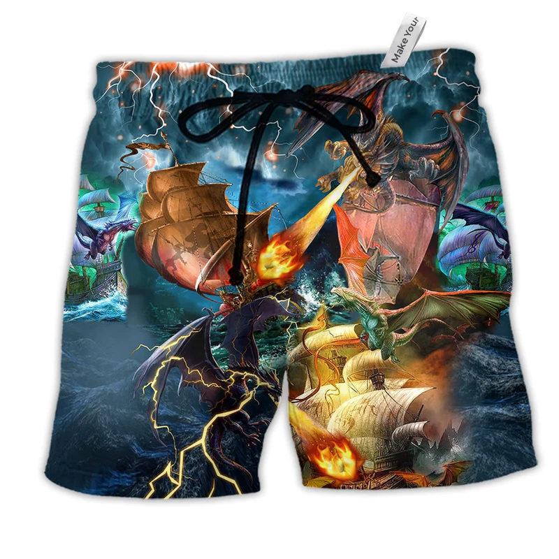 Dragon Love Life Blue Style Hawaiian Print Beach Shorts For Bold Summer Vacation Style