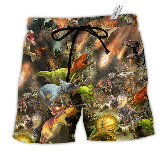 Dinosaur Perish With Friends Hawaiian Print Beach Shorts For Animal Lover Vacation Wear
