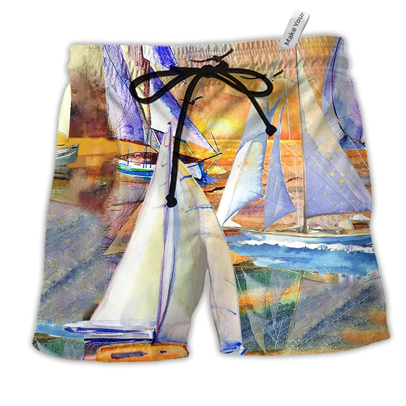 Sail Love Beach And Sunset Hawaiian Print Beach Shorts For Tropical Coastal Getaways