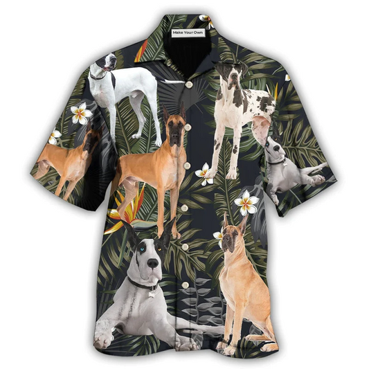 Tropical Black Dog Great Dane Leaf Hawaiian Shirt For Poolside Relaxation And Sunny Getaways