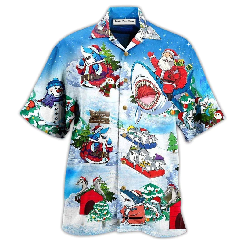 Shark Santa Christmas Hawaiian Shirt For Summer Vacation And Beach Travel