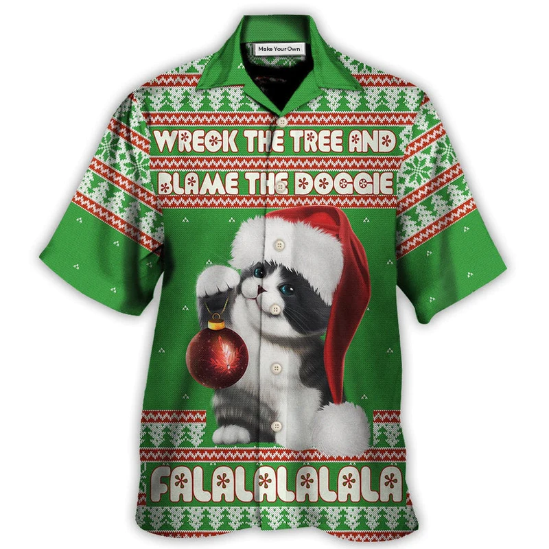 Cat Wreck Tree Blame Doggie Falalala Christmas Hawaiian Shirt For Beach Parties And Weekend Getaways