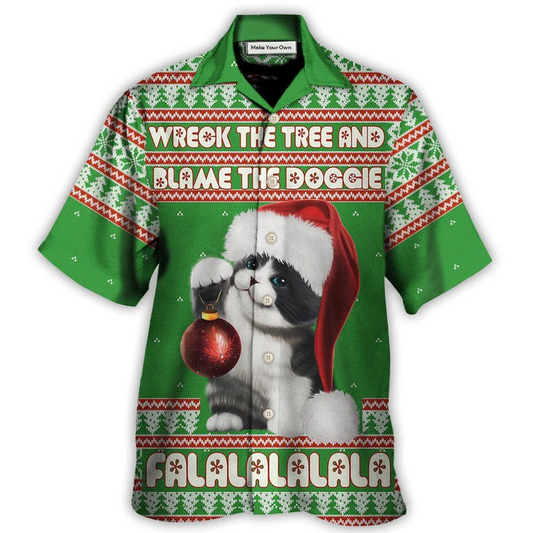 Cat Wreck Tree Blame Doggie Falalala Christmas Hawaiian Shirt For Beach Parties And Weekend Getaways