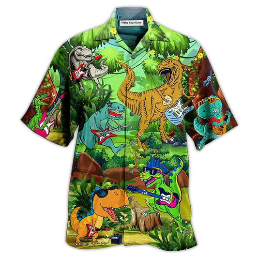 Funny Dinosaur Play Guitar Star Hawaiian Shirt For Summer Vacation And Beach Travel