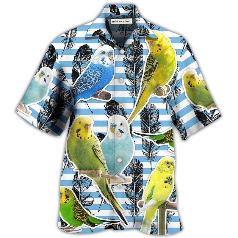 Blue White Parrot Parakeet Stripe Hawaiian Shirt For Summer Events And Casual Outdoor Wear