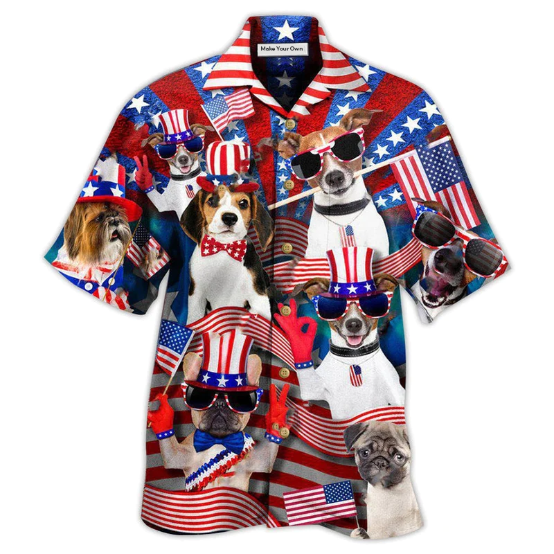 Patriotic Dogs American Hawaiian Shirt Design Detail For Beach Days And Holiday Travel