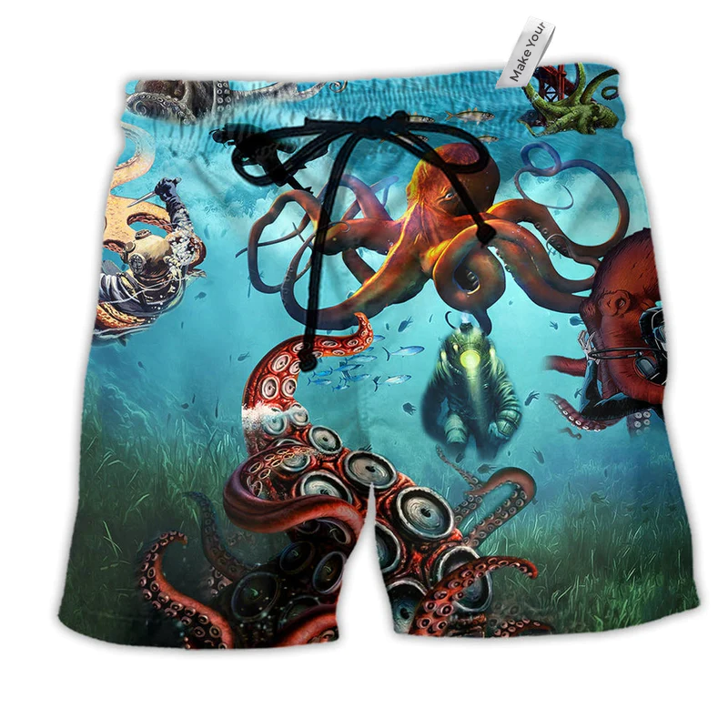 Octopus Giant And Diver Green Hawaiian Print Beach Shorts For Seaside Summer Adventures