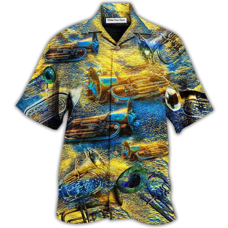 Yellow Saxophone Music Peace Hawaiian Shirt Design View For Casual Summer Styling