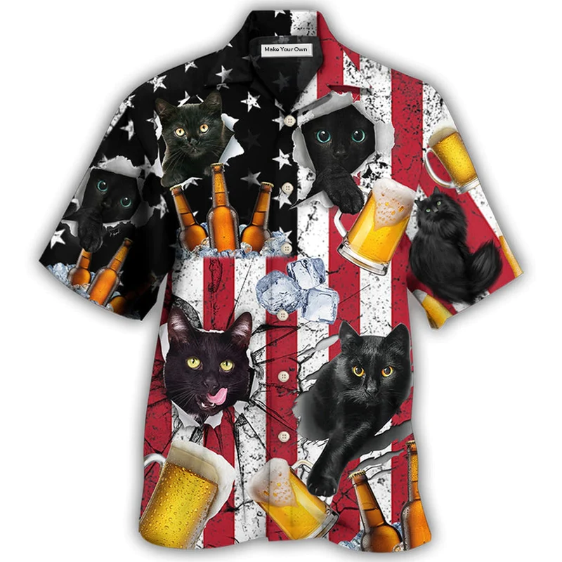 Black Vintage Cat Beer American Flag Hawaiian Shirt Design Detail For Sunny Adventures And Casual Wear