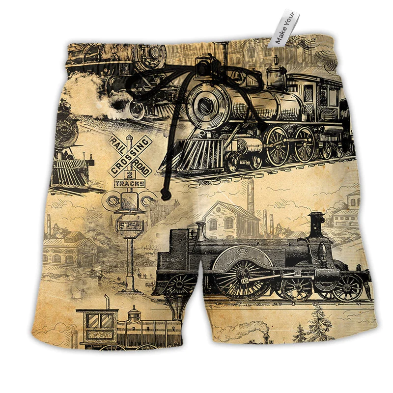Train On The Railway Love Life Yellow Hawaiian Beach Shorts For Vehicle Lover Vacation Wear