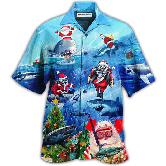 Blue Shark Santa Sea Hawaiian Shirt Pattern Detail For Summer Holidays And Outdoor Fun