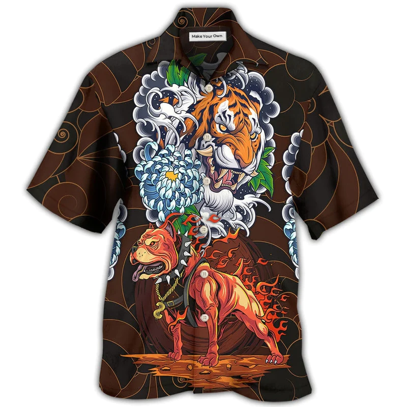 Dog Pitbull Dogs Tigers Hawaiian Shirt Design Detail For Sunny Adventures And Casual Wear