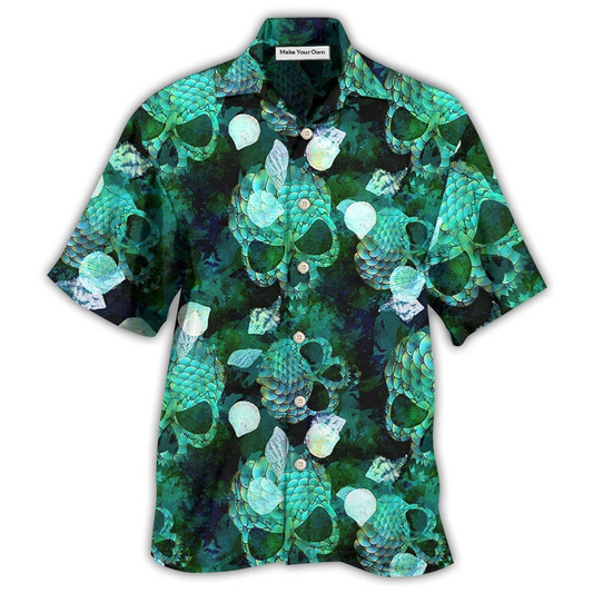 Green Skull Fish Hawaiian Shirt Pattern Detail For Summer Holidays And Outdoor Fun