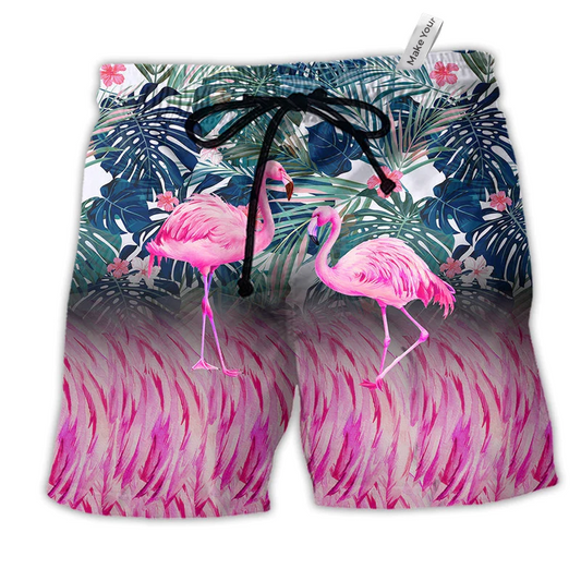 Flamingo Lover Pink Hawaiian Print Beach Shorts For Ocean Lover Vacation Wear
