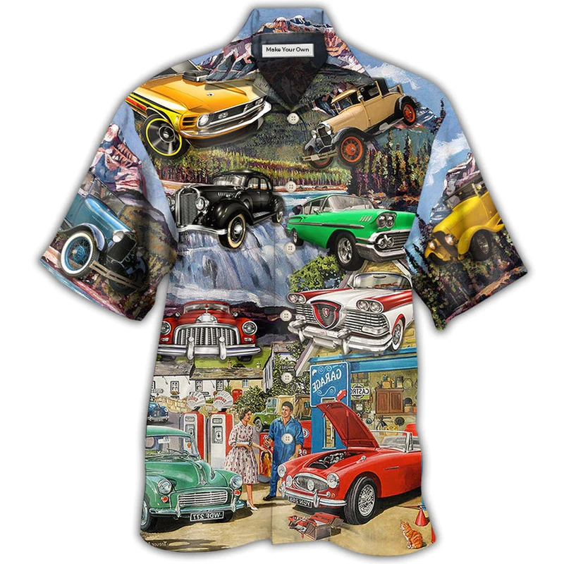 Vintage Classic Car Hawaiian Shirt For Vacation Getaways Resort Wear And Casual Celebrations