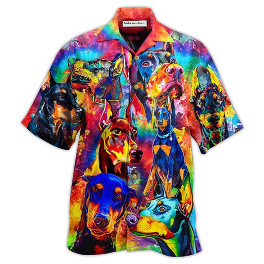 Colorful Doberman Dogs Hawaiian Shirt Pattern View For Lightweight Everyday Style