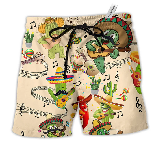 Cactus Love Music Pretty Hawaiian Print Beach Shorts For Summer Festivals And Travel