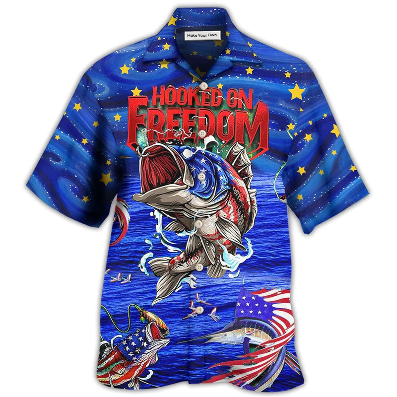 Blue Fishing Hooked Freedom Night Hawaiian Shirt For Warm Weather Adventures And Everyday Comfort