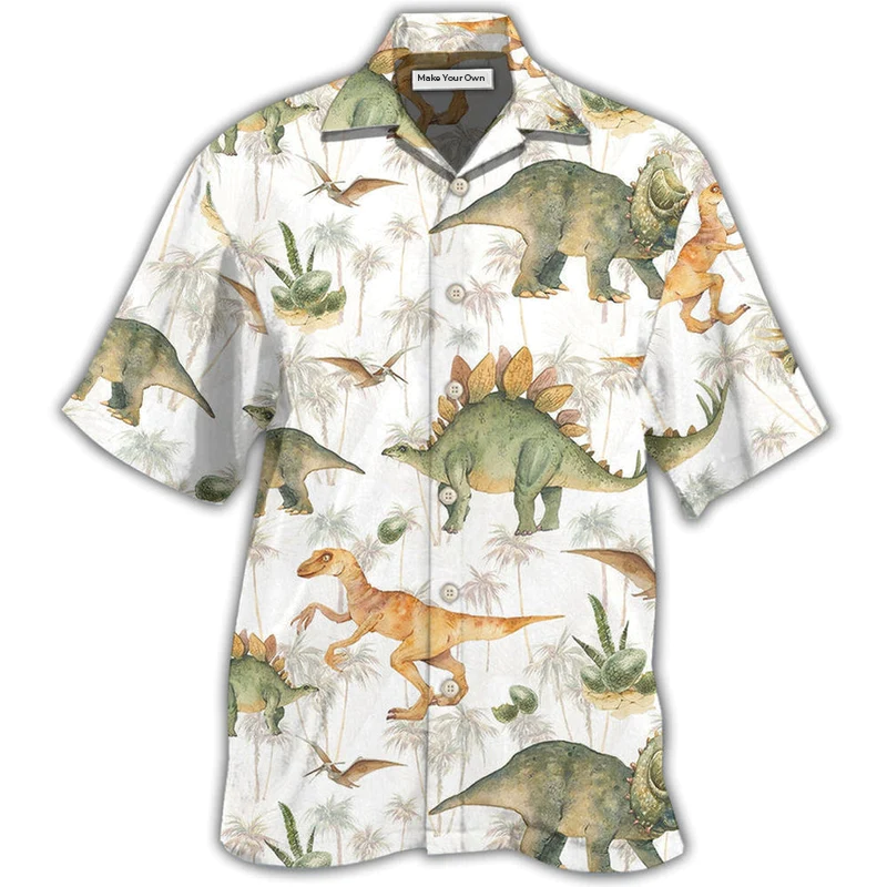 Tropical Dinosaur Strong Big Hawaiian Shirt Pattern Detail For Vacation Travel And Daily Wear