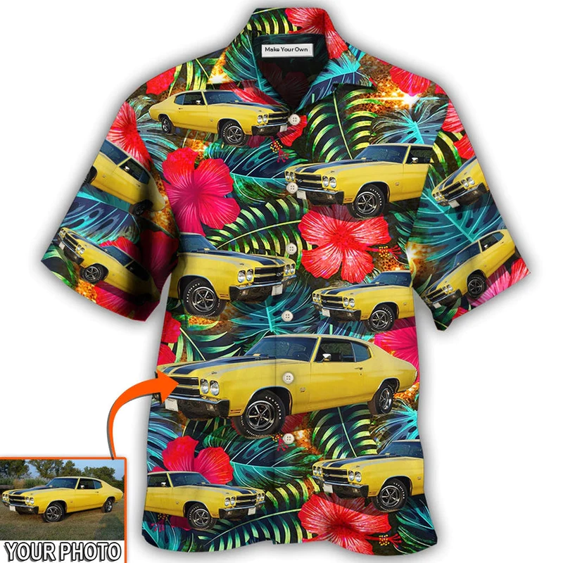 Tropical Floral Car Chevelle Custom Photo Hawaiian Shirt Artwork View For Weekend Travel And Beach Style