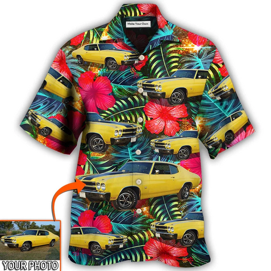 Tropical Floral Car Chevelle Custom Photo Hawaiian Shirt Artwork View For Weekend Travel And Beach Style